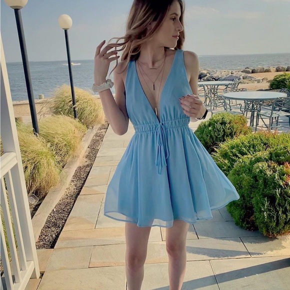 Lucy In The Sky Baby Blue Svana Plung Neck A-Line Tie Chest Flowy Mini Dress S - Picture 6 of 16